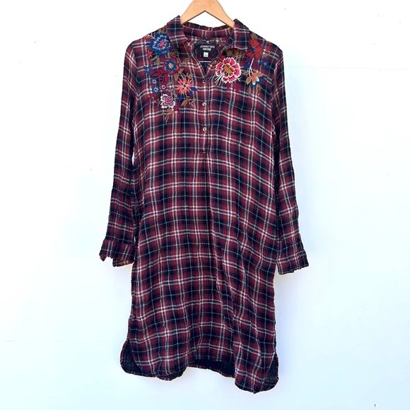 Johnny Was Workshop Plaid Long Sleeve Flower Embroidered Tunic Dress Medium Red - Picture 2 of 9